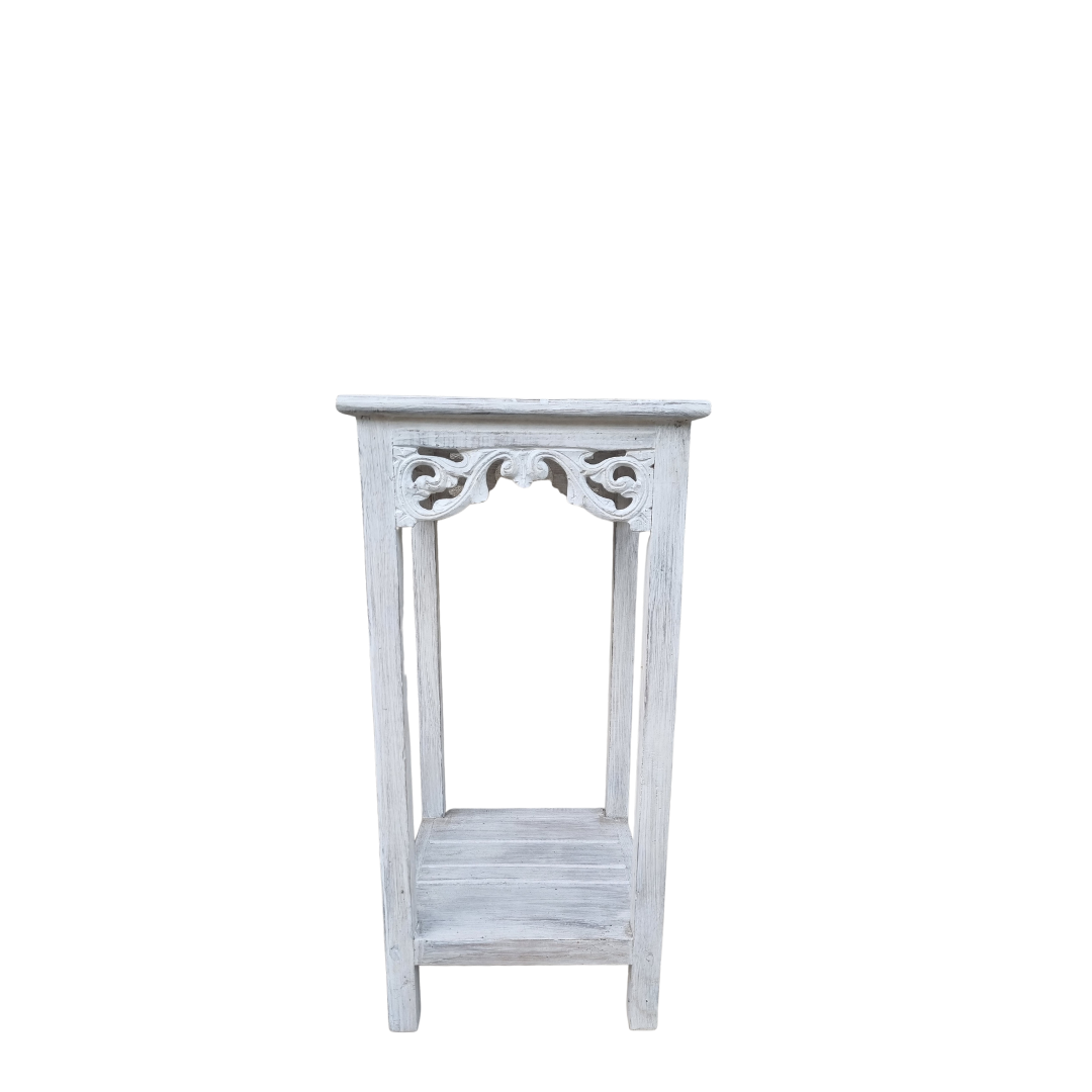 Distressed White Wooden Display Stand – Medium 70cm – carved scroll detail and two-tier shelf, whitewash blue-grey finish | Azure Decor