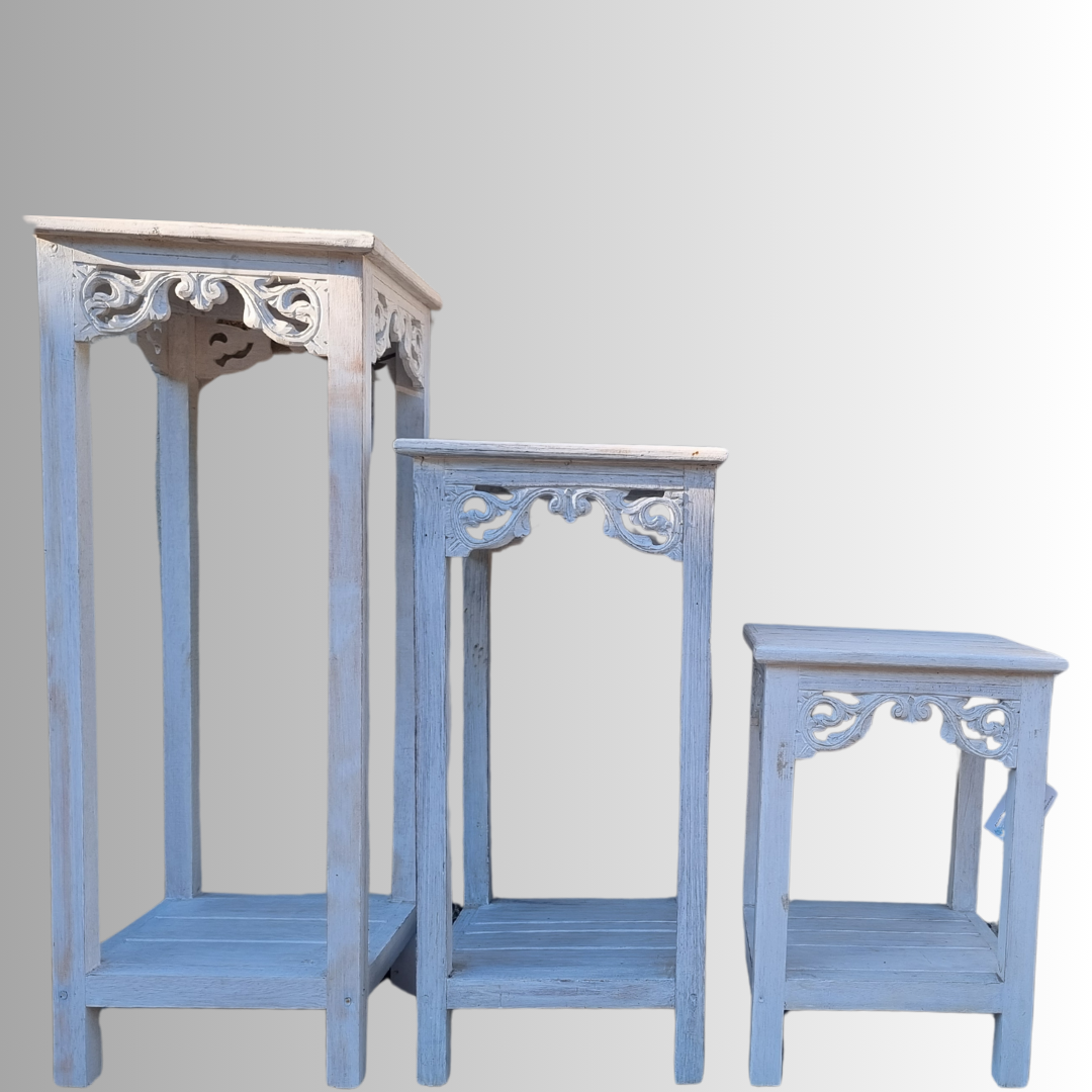 Distressed White Wooden Display Stands set of three sizes – small, medium and large – with carved scroll detail and two-tier shelf, whitewash blue-grey finish | Azure Decor