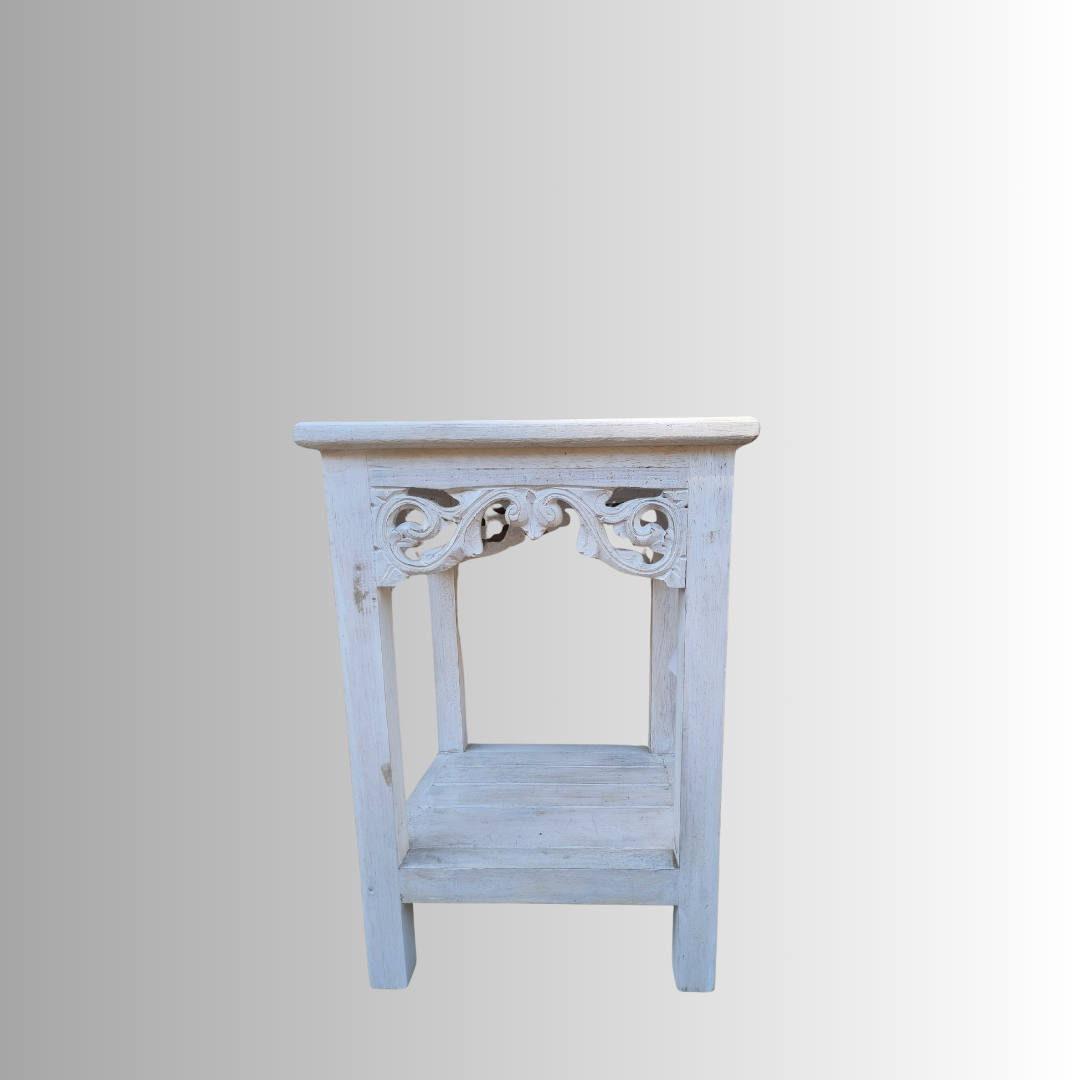 Distressed White Wooden Display Stand – Small 50cm – carved scroll detail and two-tier shelf, whitewash blue-grey finish | Azure Decor