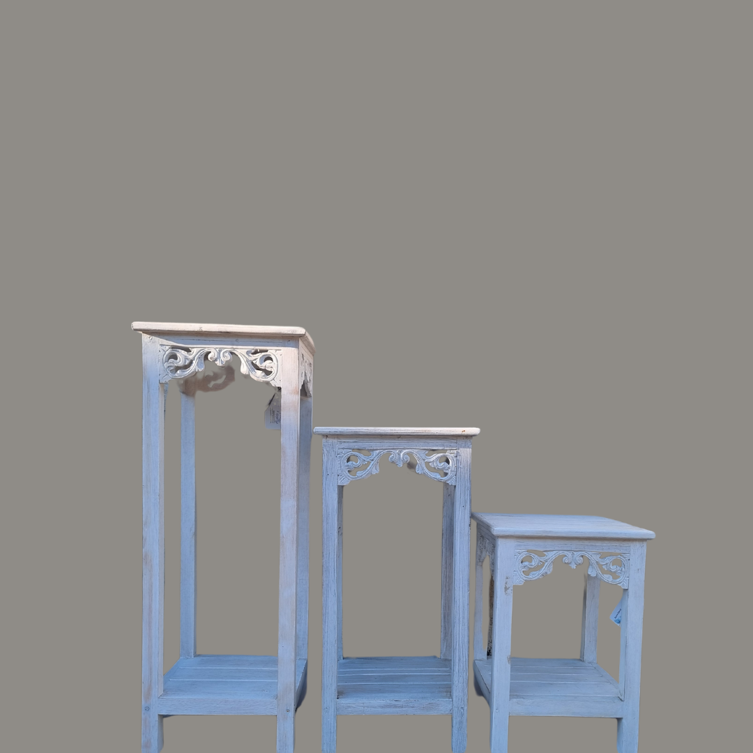 Distressed White Wooden Display Stands set of three sizes – small, medium and large – with carved scroll detail and two-tier shelf, whitewash blue-grey finish | Azure Decor