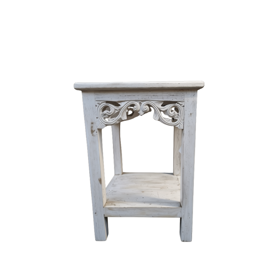 Small 50cm whitewash timber pedestal stand with ornate scroll apron and open slatted lower shelf, shown against a plain white background | Azure Decor