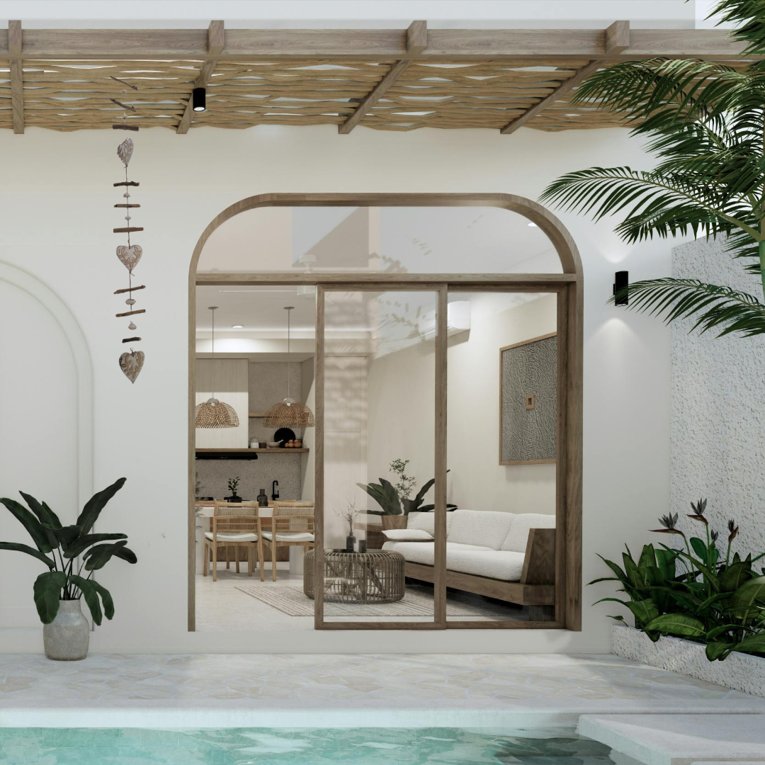 Modern interior with a pool view, featuring a glass door and decorative elements.