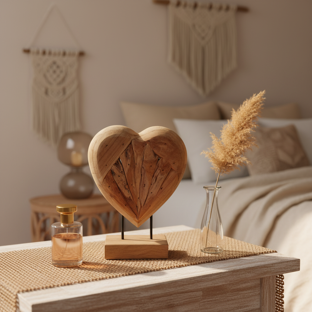 Handcrafted solid teak driftwood heart sculpture styled on a feminine dressing table with perfume bottle and dried pampas grass — coastal boho home decor