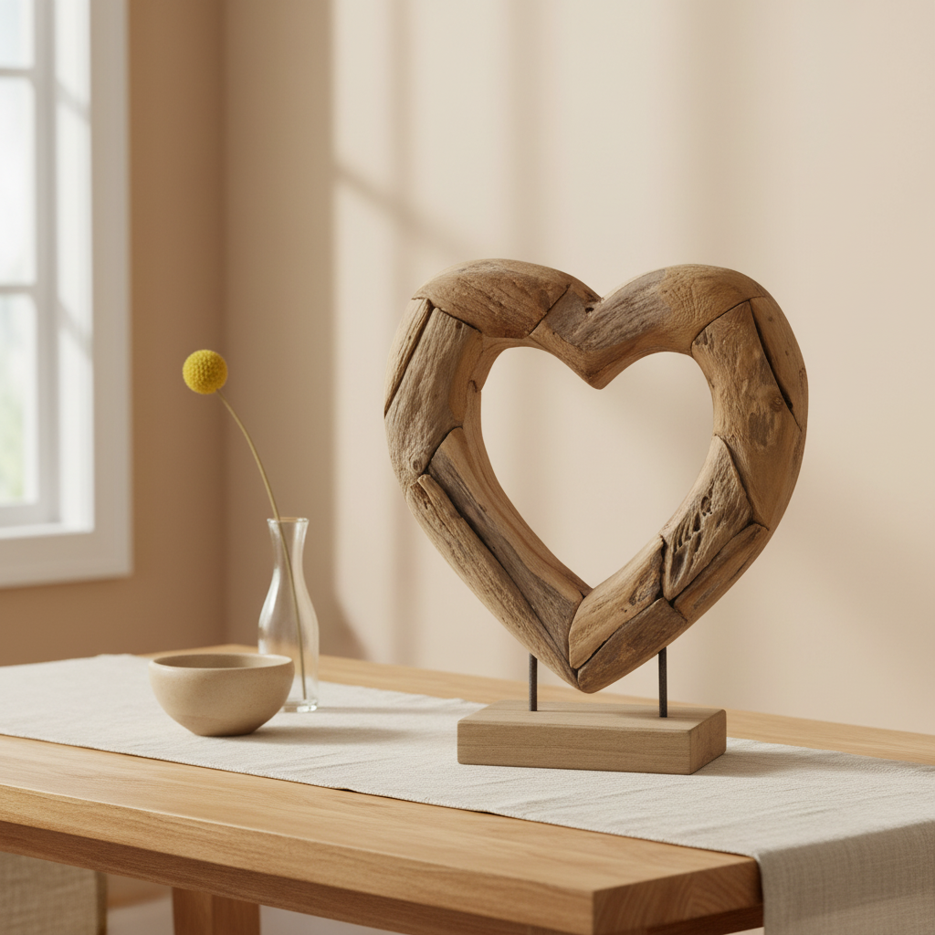 Handcrafted open driftwood heart sculpture styled on a hallway entry table with ceramic bowl and dried stem — airy coastal boho home decor