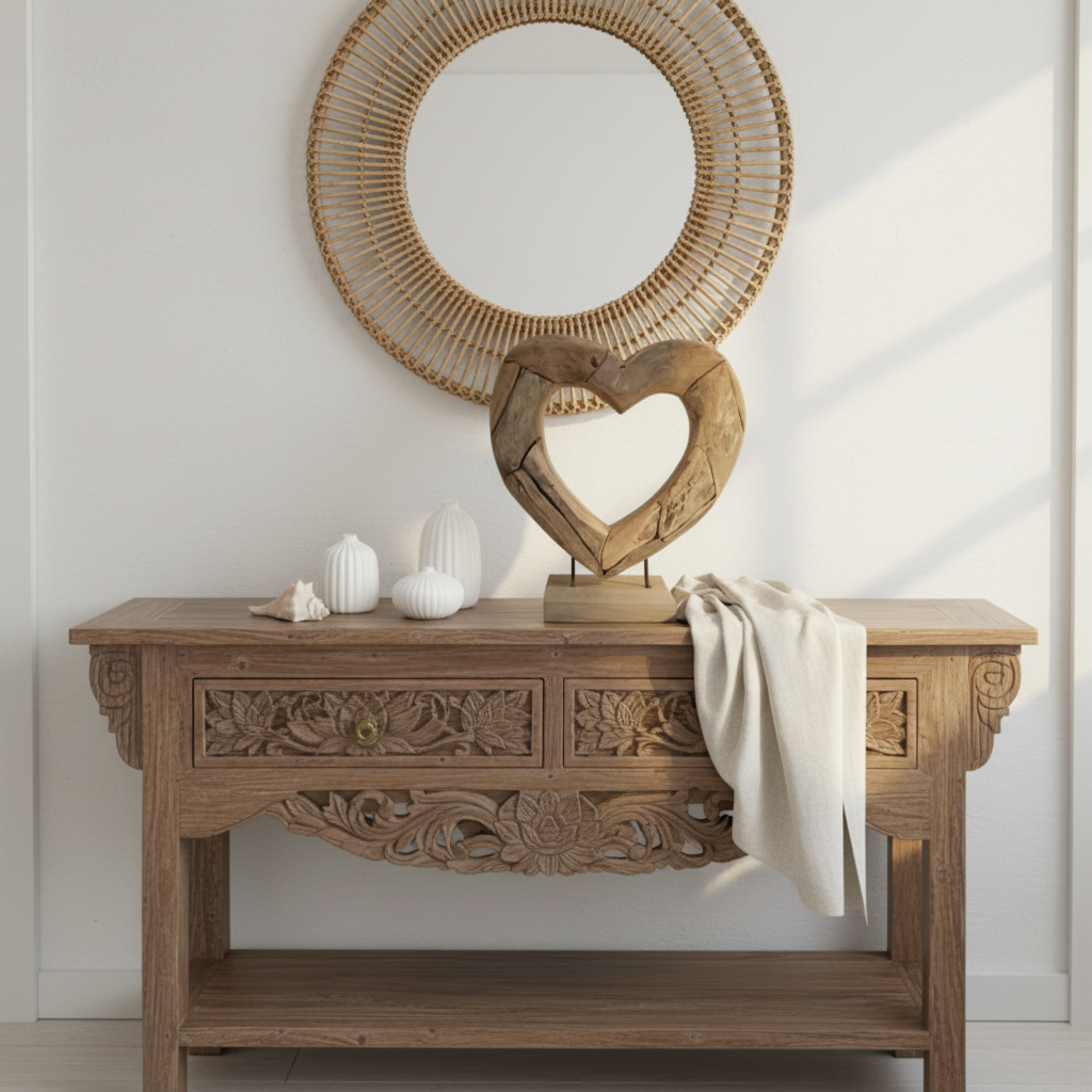 Handcrafted open driftwood heart sculpture on entry table styled with white ceramic vases and seagrass mirror on wall — coastal boho hallway decor