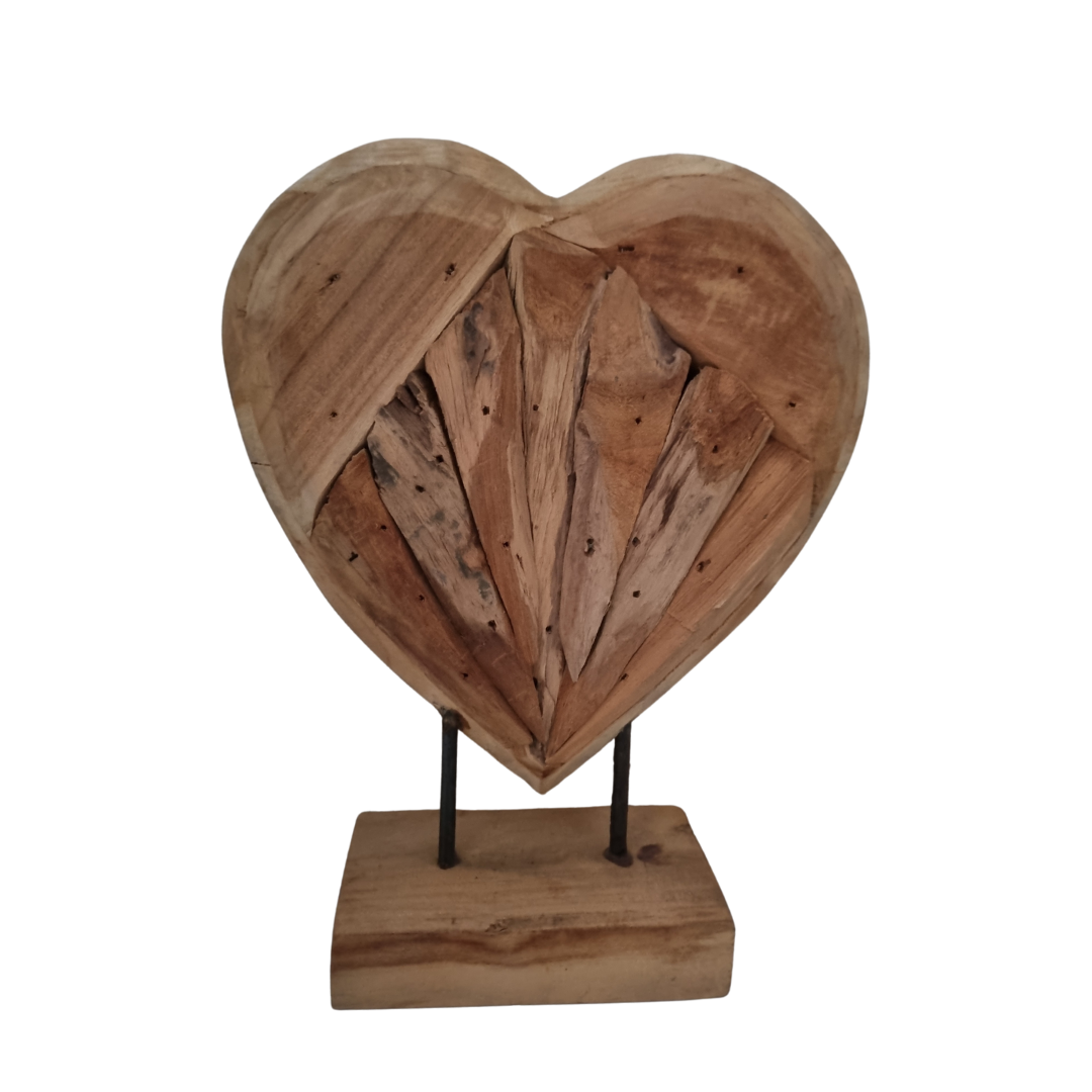 Handcrafted solid teak driftwood heart sculpture on rectangular steel pin base — intricate radiating wood grain pattern, 31 x 24 x 5cm