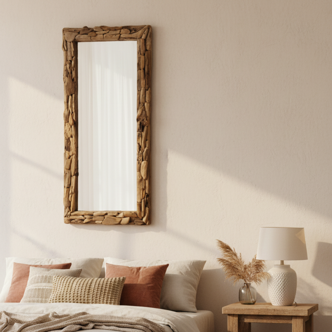 Large rectangular driftwood wall mirror — mosaic natural driftwood piece frame in sandy light tones, vertical portrait orientation, 80x180cm — handcrafted coastal rustic wall mirror by Azure Decor