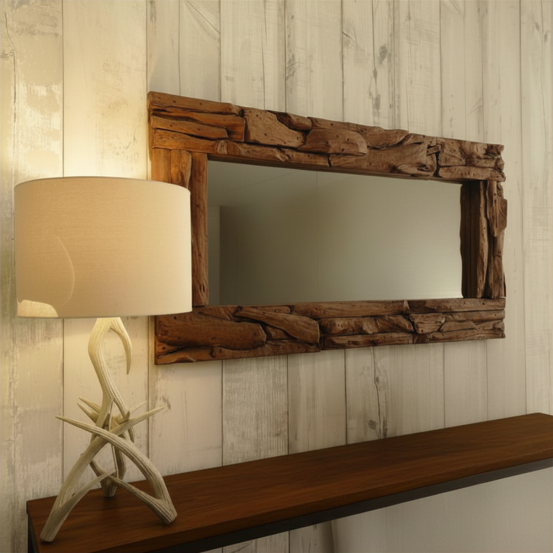 Large rectangular driftwood wall mirror styled horizontally above a timber console shelf with antler lamp in a rustic coastal hallway — chunky natural driftwood piece frame, 180x80cm — handcrafted wall mirror by Azure Decor