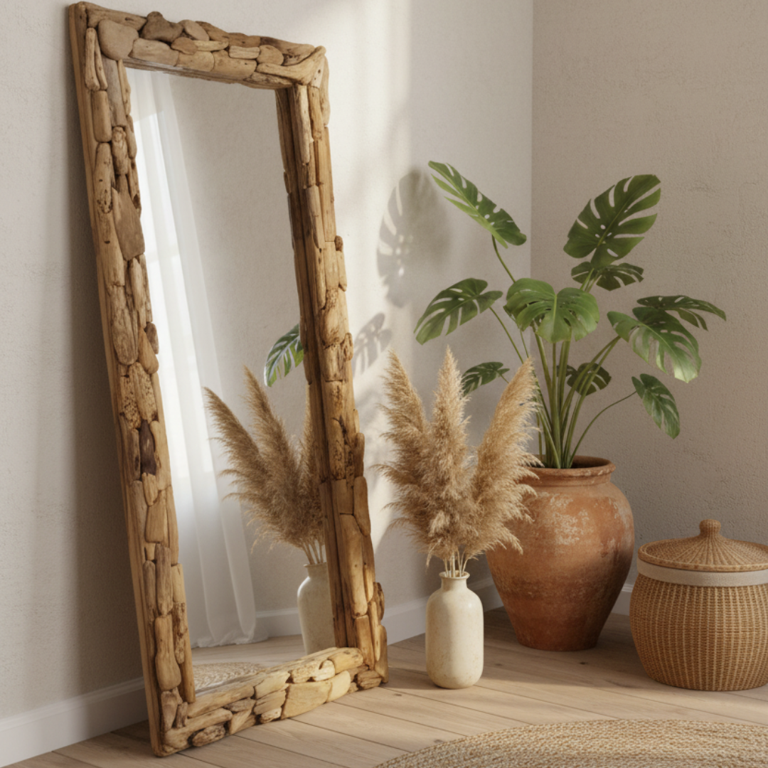 Large rectangular driftwood wall mirror leaning on the floor in a coastal boho bedroom corner beside a ceramic pot with tropical plant and pampas grass — chunky mosaic natural driftwood frame, 80x180cm — handcrafted wall mirror by Azure Decor