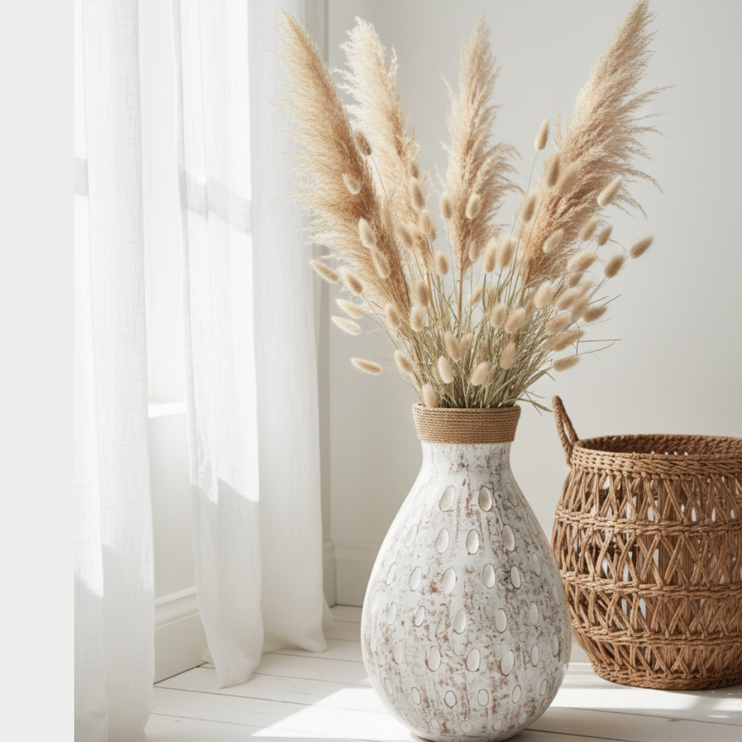 Wide teardrop-shaped pot with bleached white distressed finish and raised oval dots across the body, woven jute collar at the opening, filled with dried pampas grass and bunny tail stems, styled on a whitewashed floor beside a woven rattan basket with sheer white curtains in the background