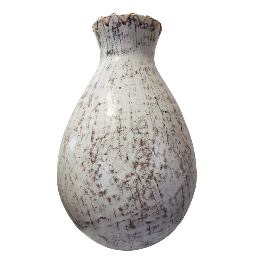 Dune Vase handcrafted terracotta in white wash smooth finish with stitched jute edge, white background