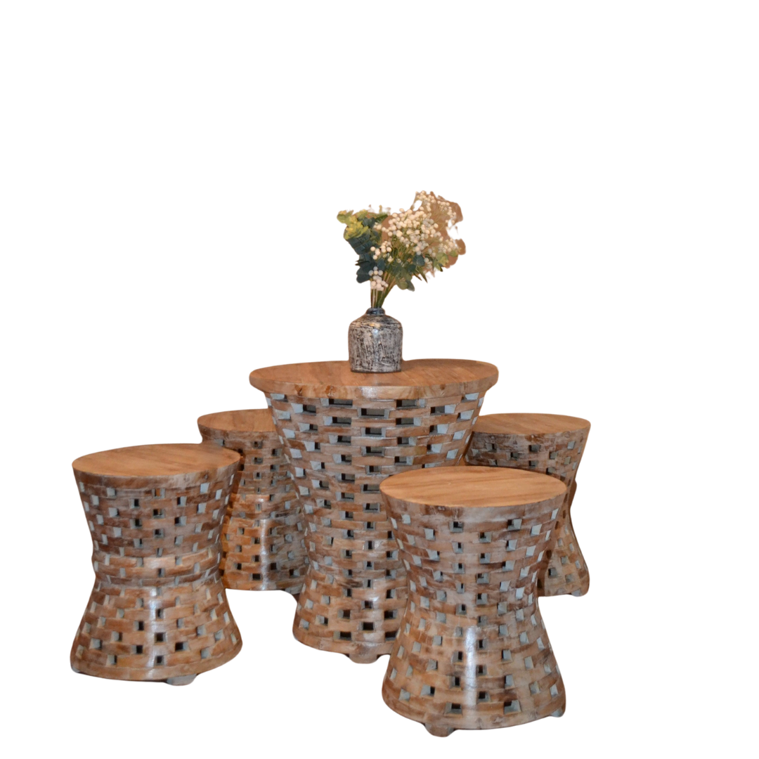 A mosaic table set with a rustic white wash finish, comprising of one rectangular table and three round stools, made of reclaimed teak wood.