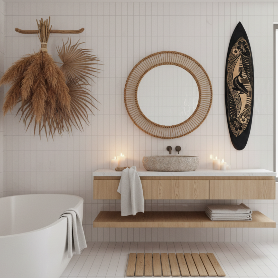 Black wooden surfboard with two carved leaping dolphins, hibiscus flowers and intricate wave scale and geometric patterns in natural gold tones on a white background