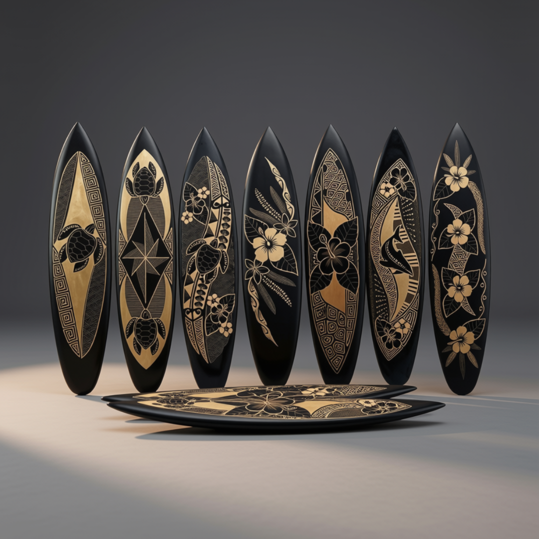 Six black hand-carved wooden surfboards with gold tropical designs including sea turtles, hibiscus flowers, dolphins, geometric patterns and wave carvings, displayed as a collection