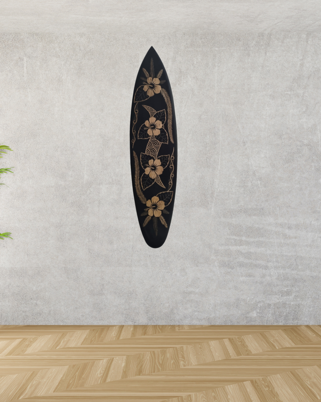 Hand-carved wooden surfboard wall art featuring carved hibiscus flowers and detailed mural artwork, displayed hanging vertically on a soft grey wall