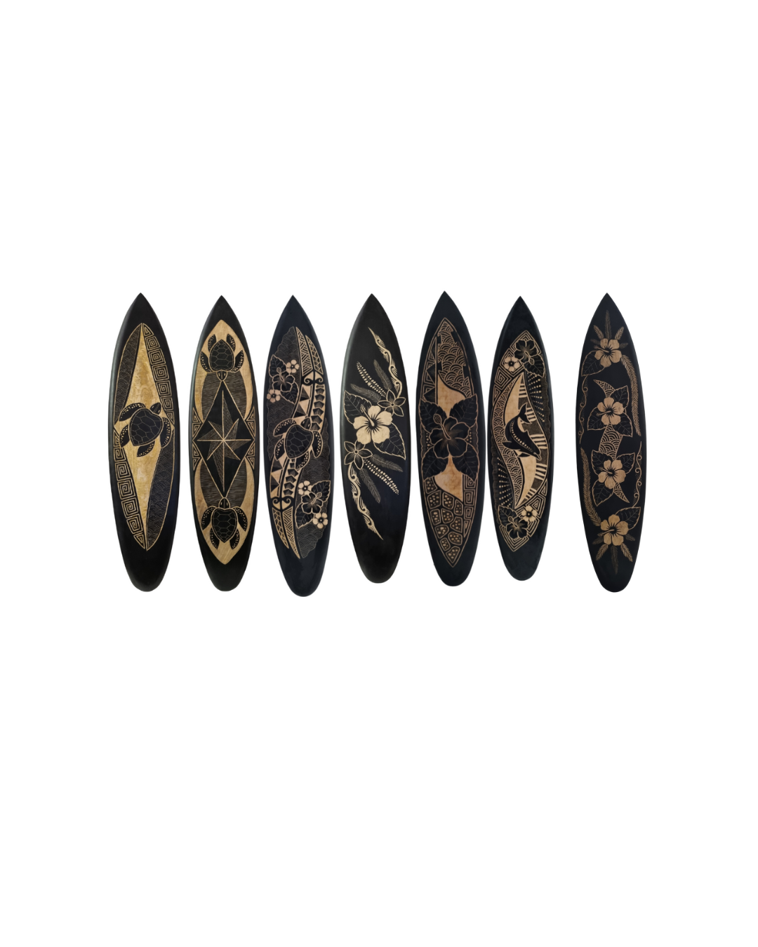 A collection of seven hand-carved wooden surfboard wall art in black and natural tones, featuring various tropical designs.