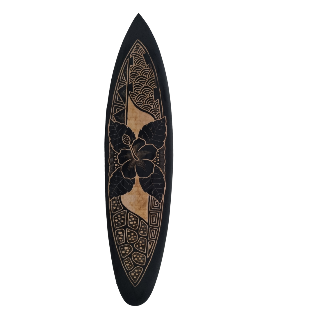 A collection of six hand-carved wooden surfboard wall art in black and natural tones, featuring various tropical designs.