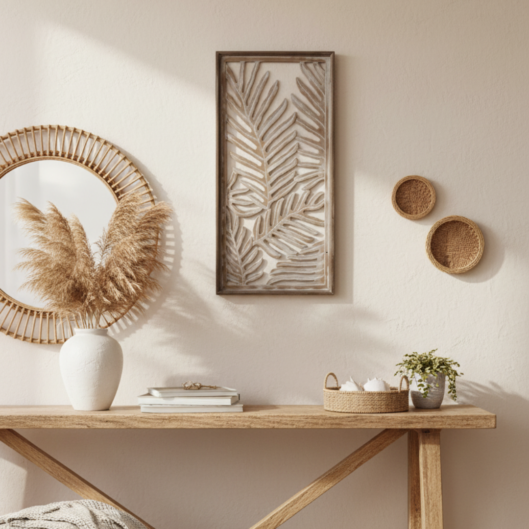 Fern palm leaf wall art panel in natural wash finish styled in a boho coastal room with rattan and pampas grass