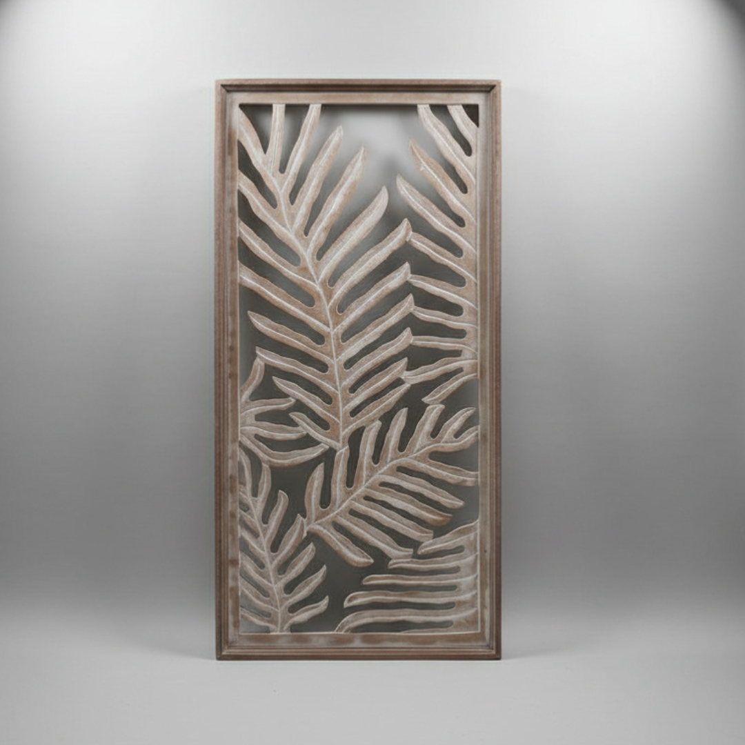 Natural wash framed cutout leaf décor angled view showing warm timber tones, white background