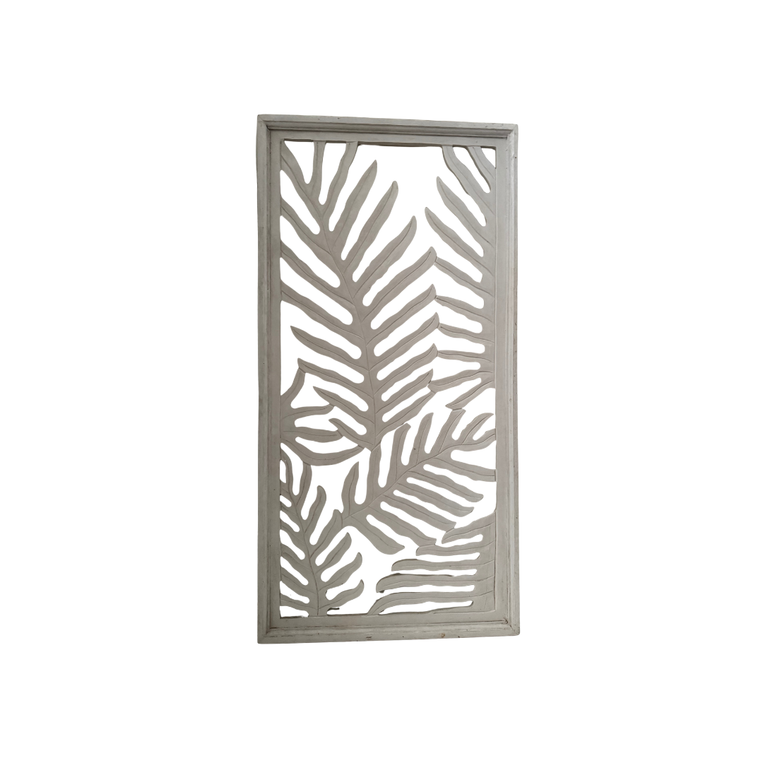White framed cutout leaf décor angled view on white background showing frame depth and shadow