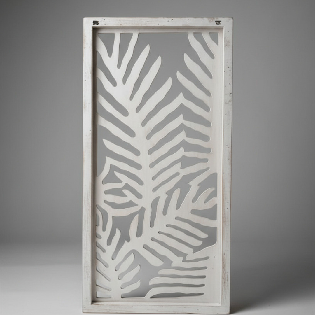 Natural wash framed cutout leaf décor angled side view showing frame depth, white background