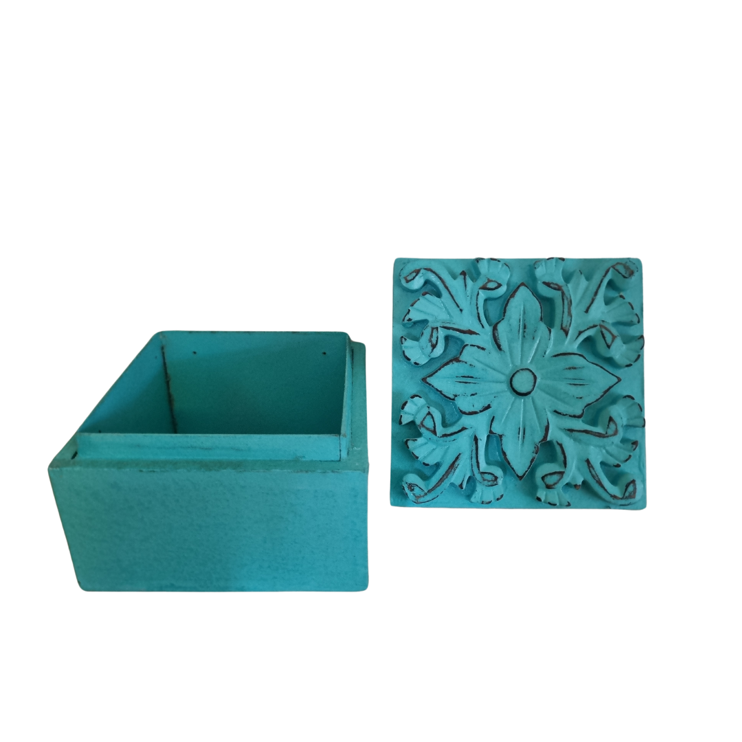 A turquoise Floral Blossom Trinket Box with lid opened intricate floral carvings on the lid, suitable for storing small trinkets and crystals.
