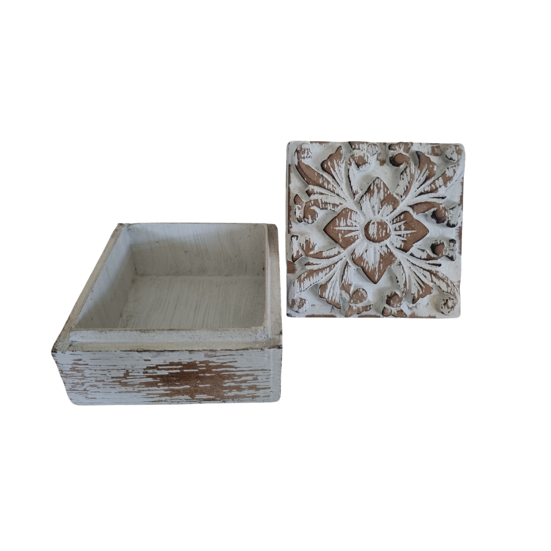  Floral Blossom Trinket Box rustic white design on white background lid is open 