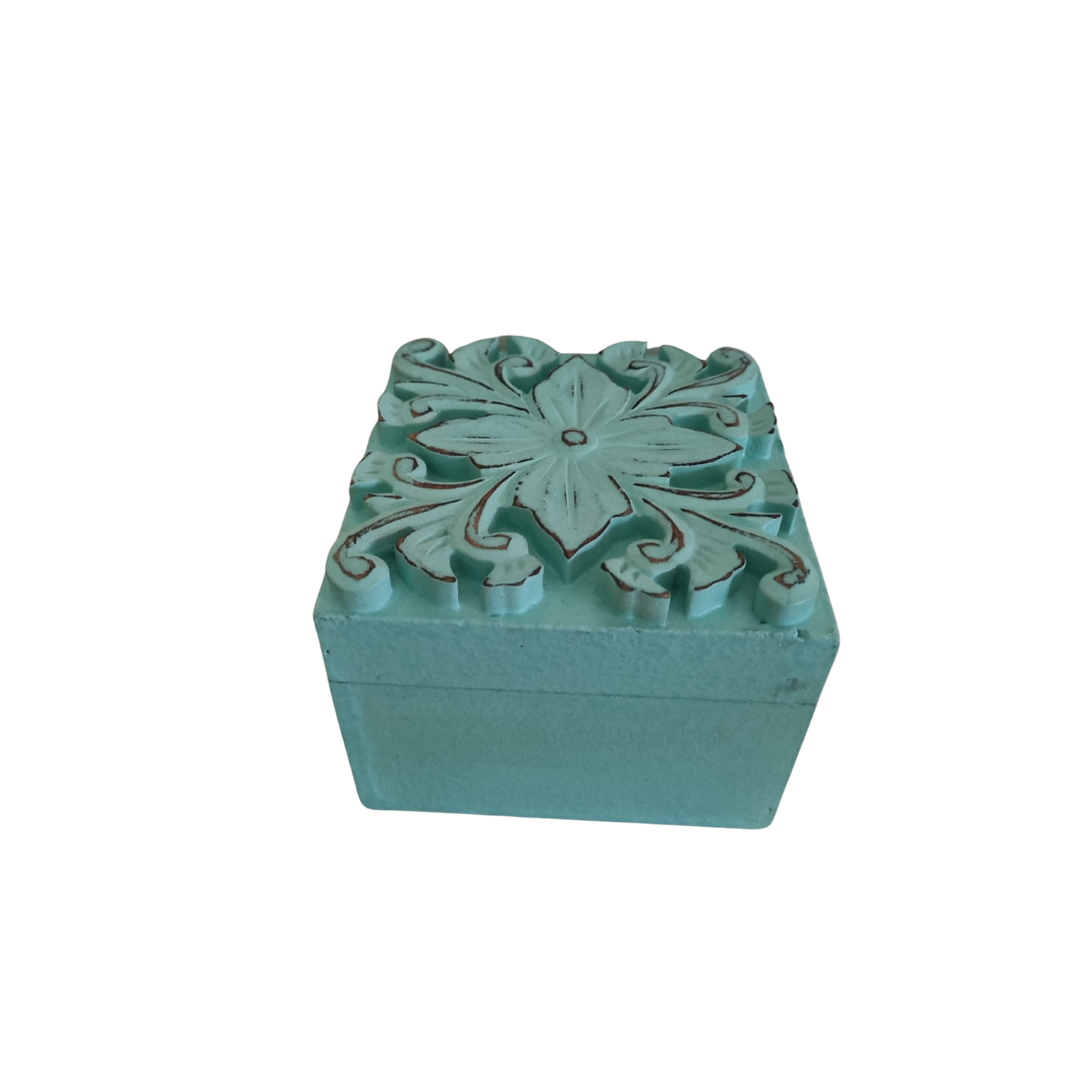  Floral Blossom Trinket Box teal design on white background