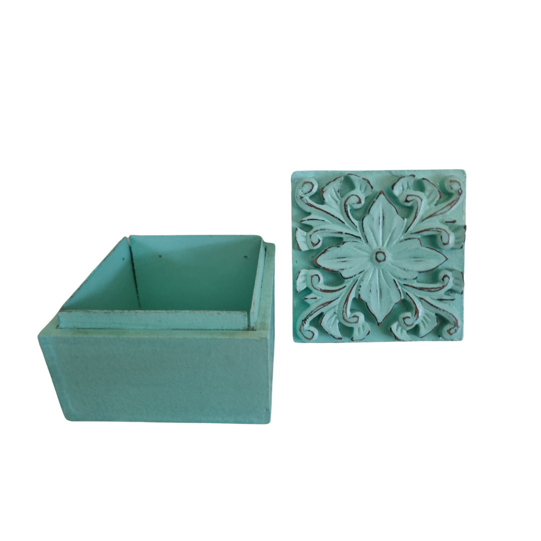  Floral Blossom Trinket Box teal design with opened lid on white back ground
