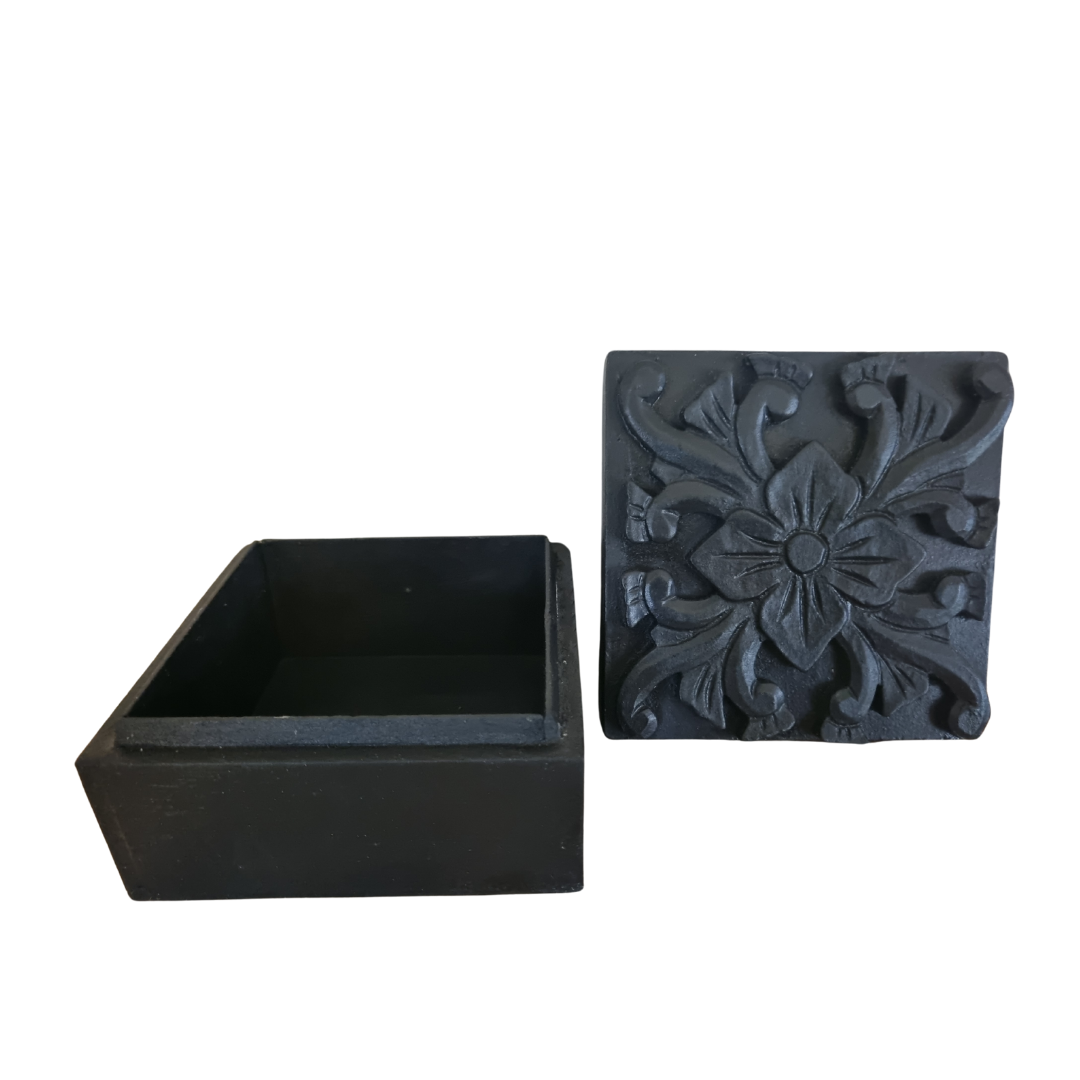 Floral Blossom Trinket Box black style with lid open on white background