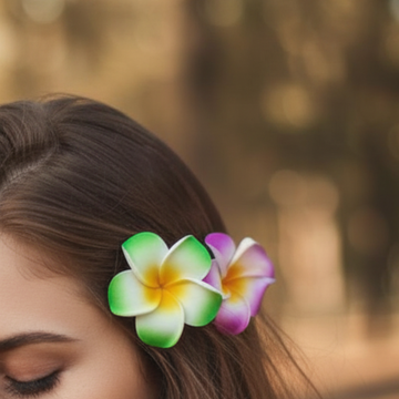 Woman with dark curly updo holding a black lace fan, small green and purple flower clip tucked into her hair, white background