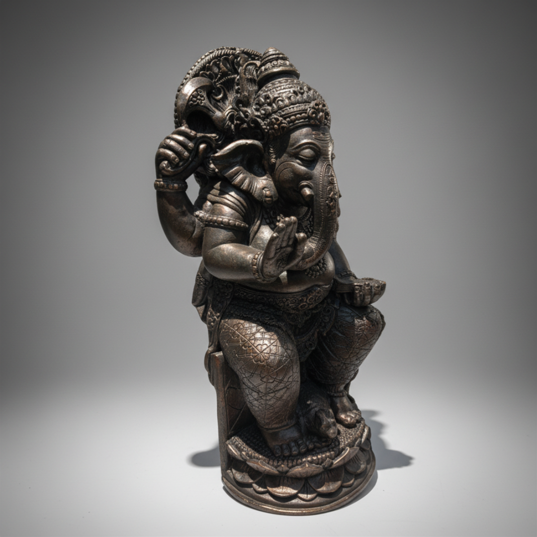 Large rustic bronze concrete statue on a grey background — side angle showing carved bead and fabric detail