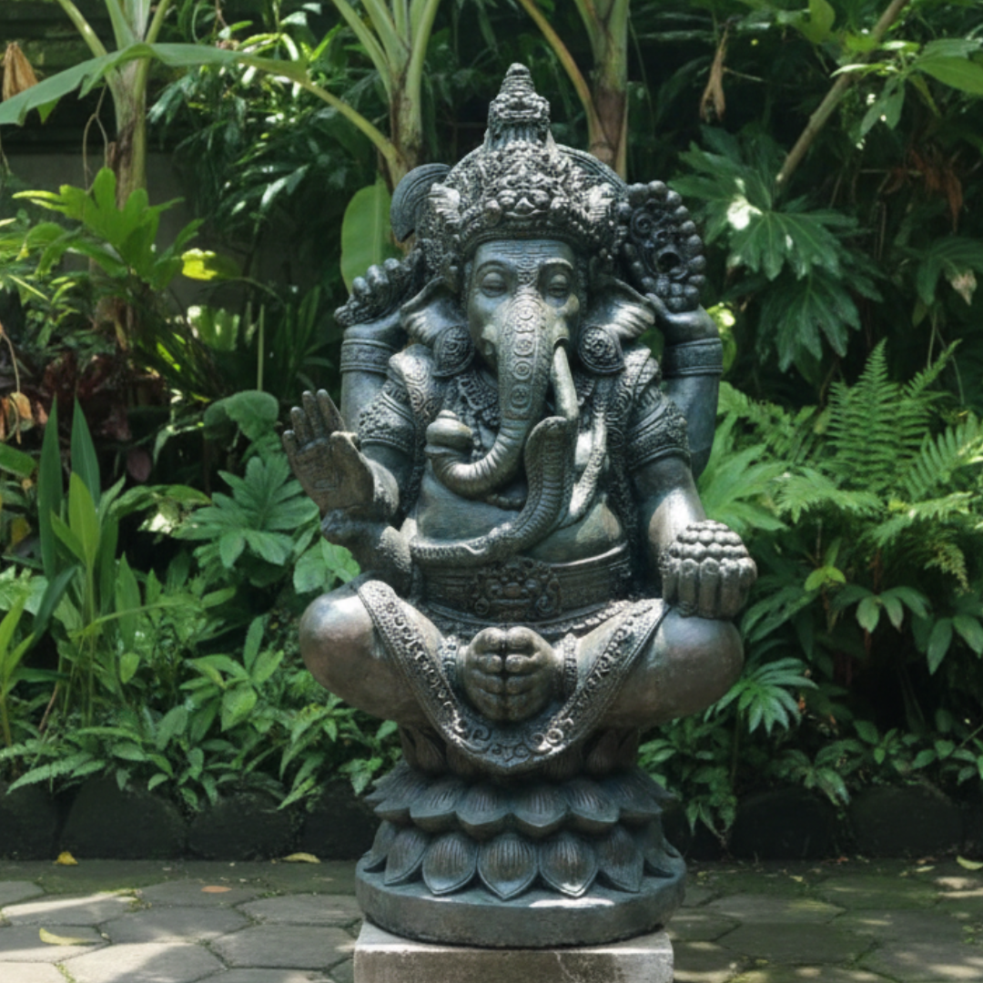 Front view of a large concrete garden statue in rustic bronze finish, styled in a garden setting