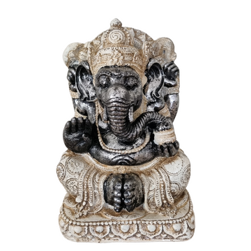 A vintage style Ganesh statue sculpture in multicolor, with a base, depicting the Hindu god Ganesha in a seated position with his hands in a praying gesture.
