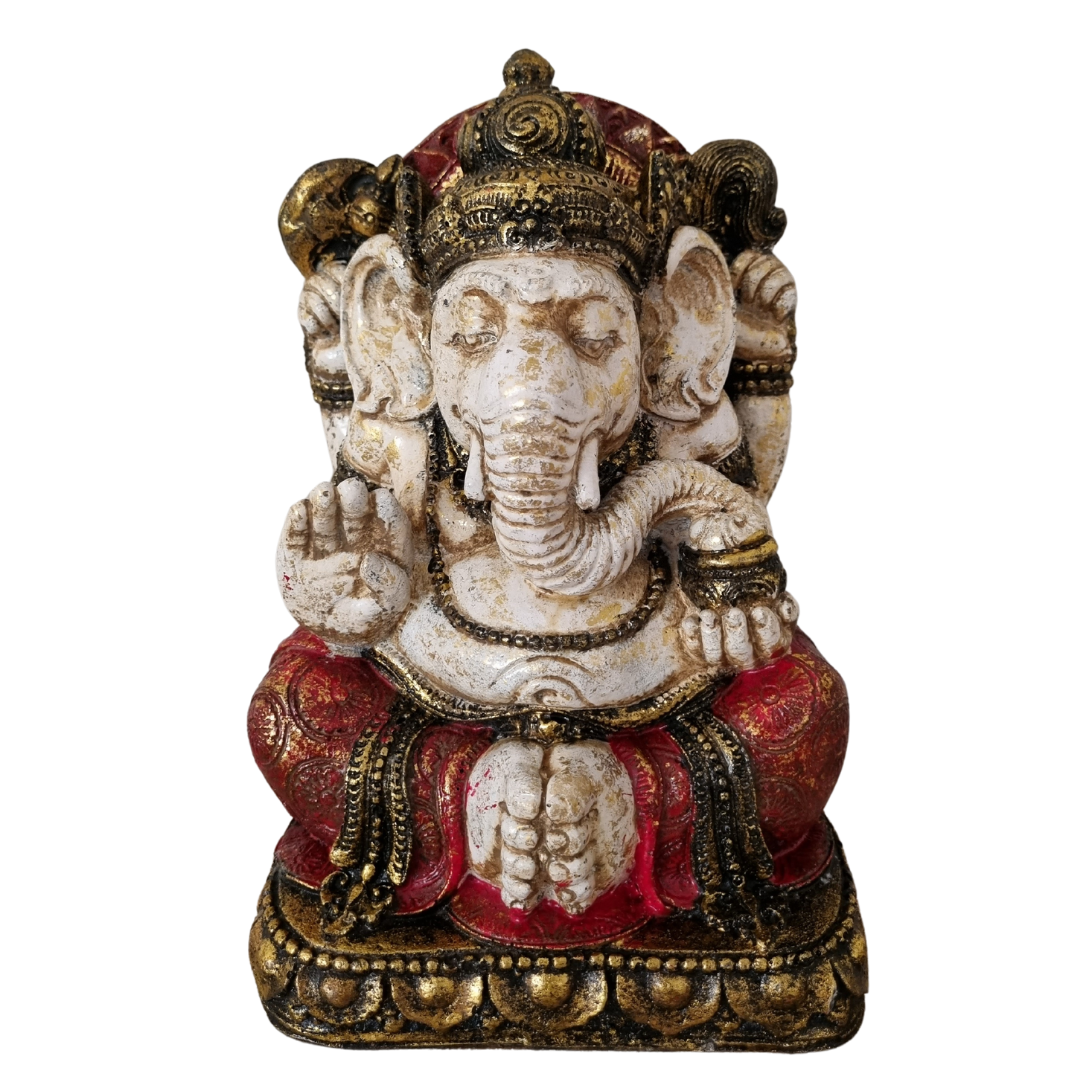 Decorative statue of a multi-armed deity with intricate details on a white background