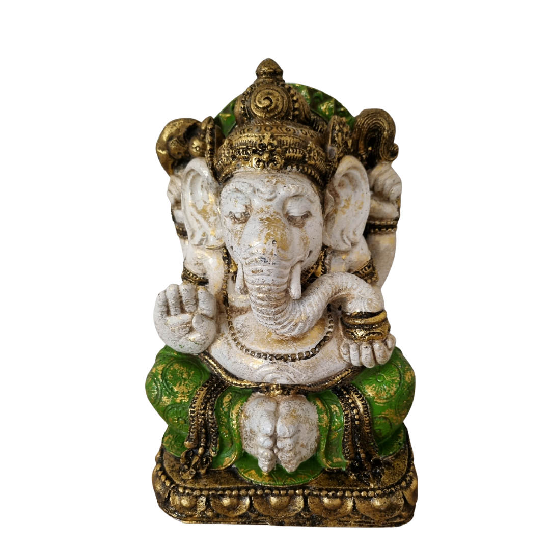 Decorative statue of a deity with green, gold, and white colors on a white background
