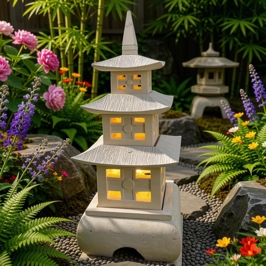 Three-tier stone pagoda lantern glowing amber, surrounded by ferns, peonies, lavender, and river pebbles in a Zen garden