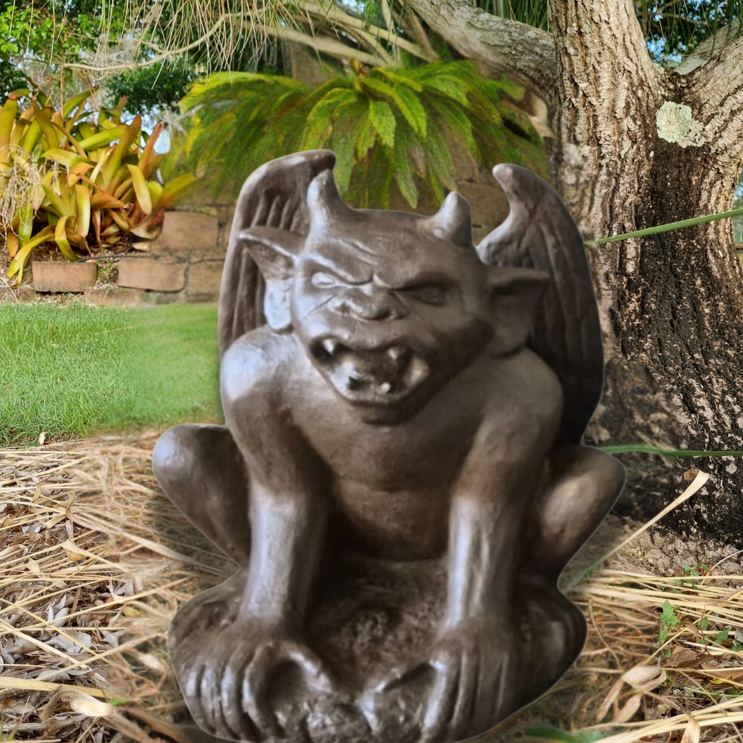 A rustic style gargoyle garden statue made from reinforced concrete and glass fiber, displayed in a natural outdoor setting.