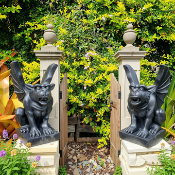 Two black winged concrete statues on cream pillars framing a wooden garden gate with green and yellow leafy shrubs behind