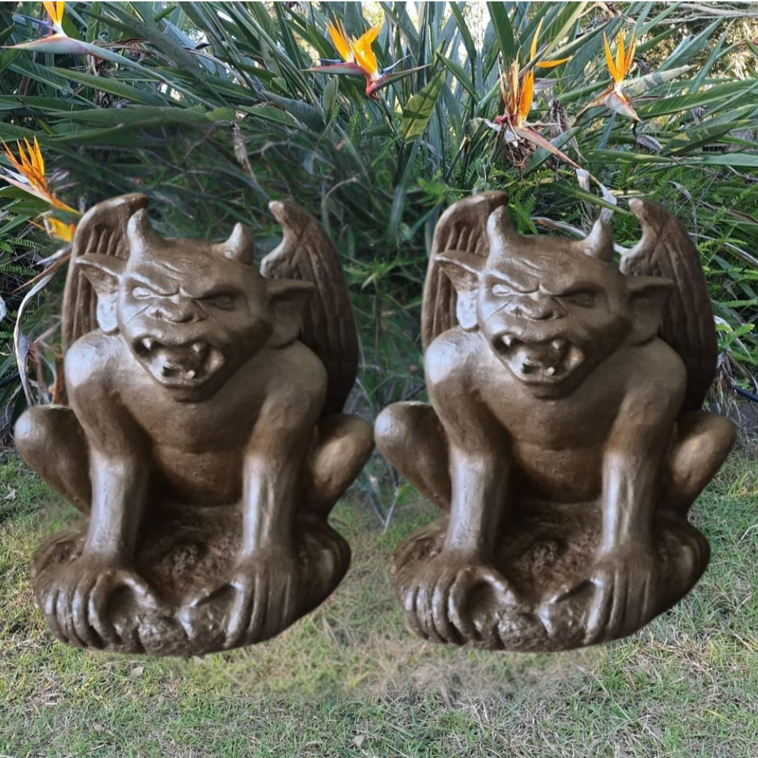 A rustic style gargoyle garden statue made from reinforced concrete and glass fiber, displayed in a natural outdoor setting.