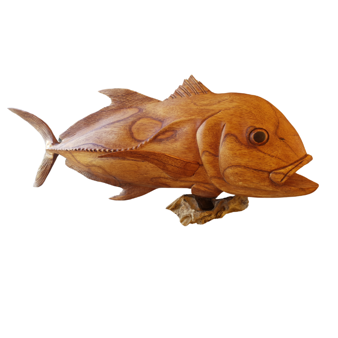 Giant Trevally wooden fish carving on driftwood base – full side view, detailed fin and body carving, handcrafted Suar wood sculpture 80cm