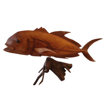 Giant Trevally wooden fish carving on driftwood stand – opposite side view showing tail and fin detail, handcrafted Suar wood