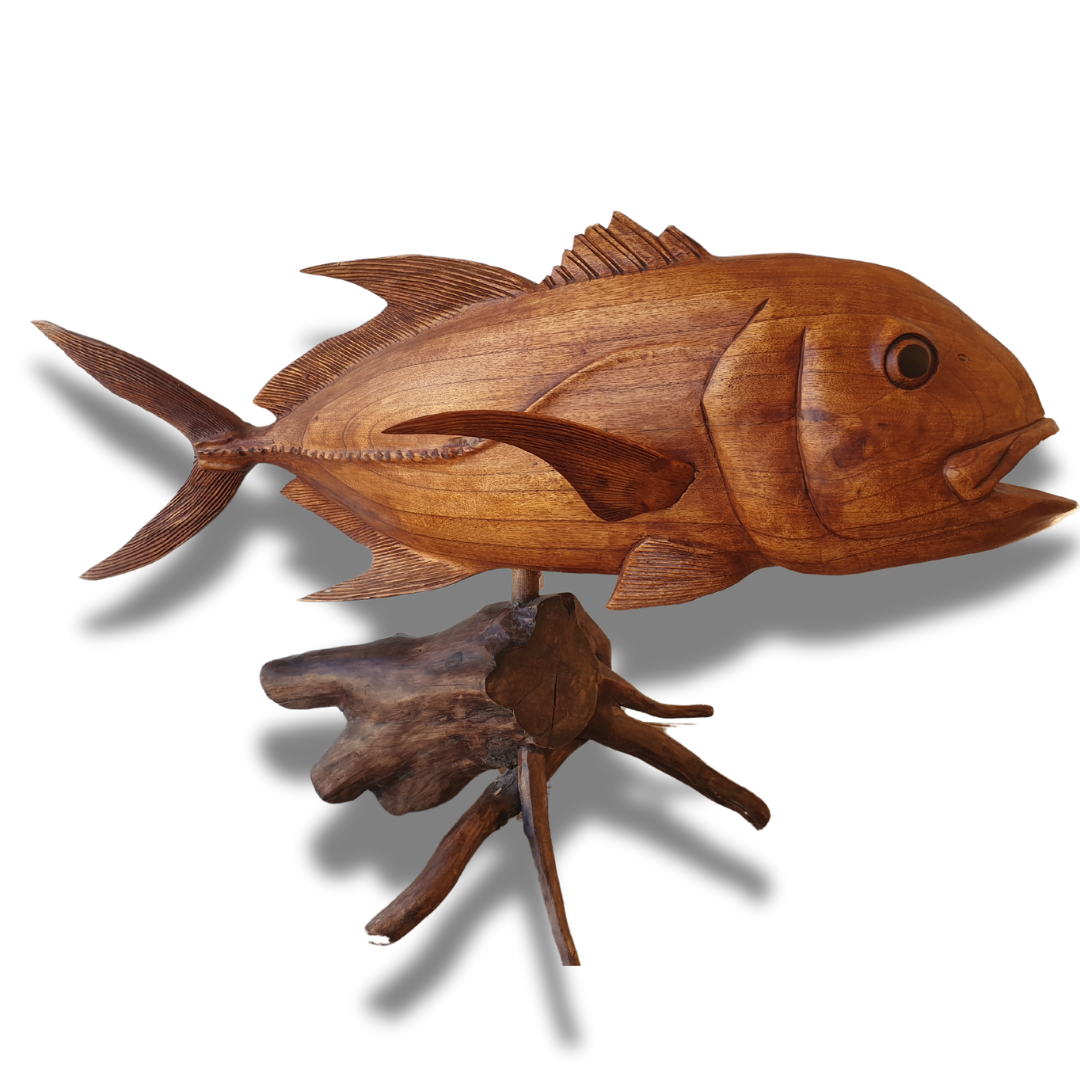 Giant Trevally wooden fish carving on driftwood stand – handcrafted Suar wood, 80cm display sculpture