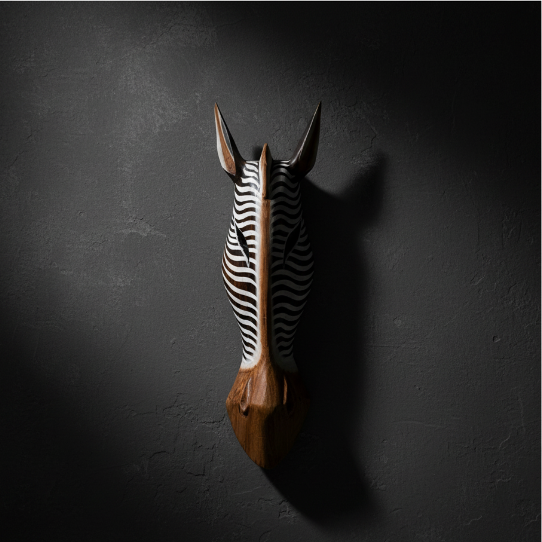A zebra-patterned wooden wall mount sculpture with a brown horn-like base, shown against a dark textured wall with dramatic side lighting.