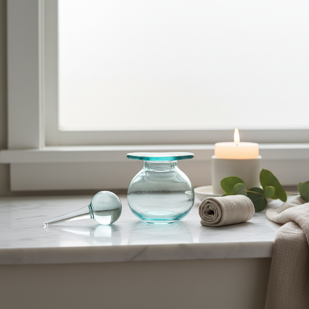 Aqua glass oil bottle applicator on a marble bathroom windowsill with a lit candle, eucalyptus leaves and rolled linen towel