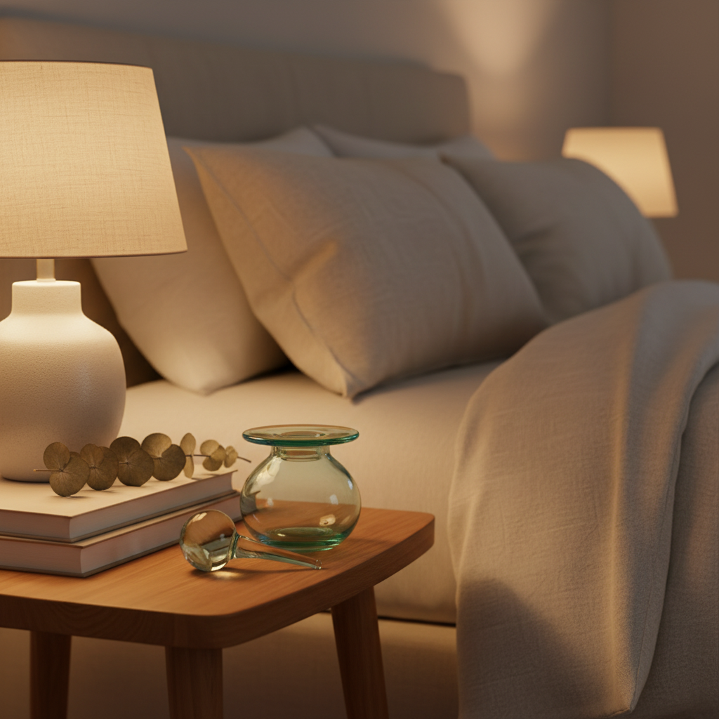 Small tinted vessel on a timber bedside table with linen lamp and dried flowers