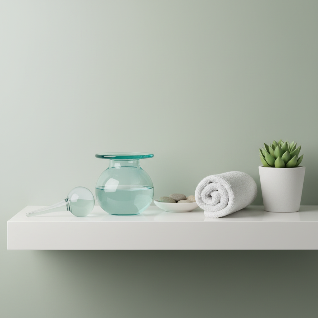 Tinted vessel on a floating white shelf against a sage green bathroom wall