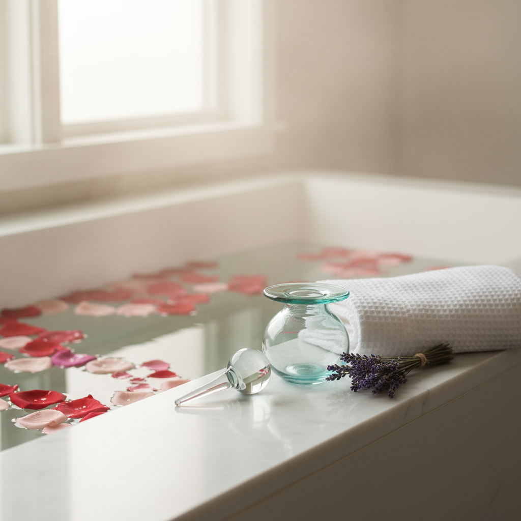 Round tinted vessel on a freestanding bath edge with rose petals and lavender
