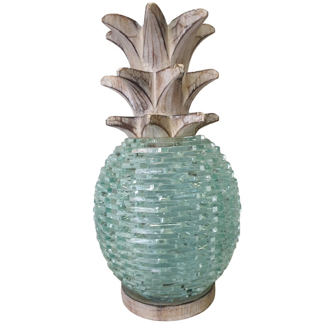 Glass pineapple boho décor large sculpture with aqua mosaic body and whitewashed wooden leaves