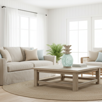 Modern living room with beige sofa, wooden coffee table, and decorative pineapple on a white background